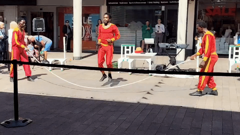 Acrobatic street crew performs jump rope and balancing acts in Knowsley