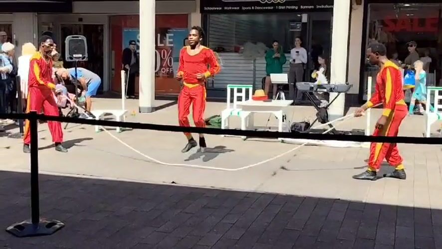 Acrobatic street crew performs jump rope and balancing acts in Knowsley