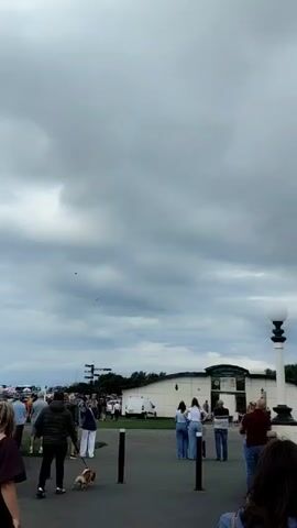 This is a vertical, eye-level, medium shot video taken outdoors on a cloudy day. The foreground is occupied by the tops of two tall, white, lampposts with round, white light fixtures. Behind the lampposts, a dense line of dark green trees is visible. Further in the background, the tops of some buildings and structures, possibly stalls or booths, are discernible. Several people are walking in the middle ground. Two small objects that appear to be birds or possibly small aircraft are visible in the sky. The sky is filled with a layer of thick, gray clouds.