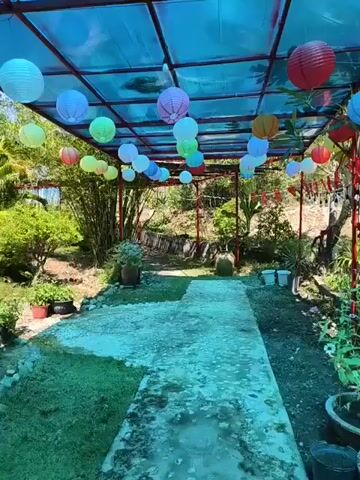This is a first-person perspective video of a pathway lined with trees and plants. The pathway is paved with light-colored stones and gravel. Above the pathway is a blue translucent roof supported by red metal poles. Colorful paper lanterns are hanging from the roof, in various shades of red, orange, yellow, green, blue, and white. To the left of the pathway, there are potted plants and dense green foliage. To the right, there are also plants and some white buckets. In the middle distance, a large, open heart-shaped structure with pink stairs leading up to it is visible. The heart structure is surrounded by greenery. The sky is clear and blue, with some white clouds. The video appears to be shot in a garden or outdoor recreational area.