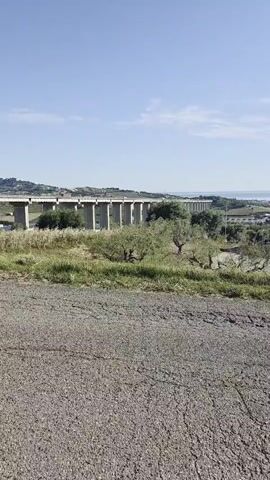 The video shows a long highway overpass supported by concrete pillars, stretching across a rural landscape. The overpass is elevated, with cars visible driving on it. In the foreground, there is a gravel road and some vegetation, including trees and grass. The background features a clear blue sky and the distant ocean or a large body of water. The overall scene suggests a sunny day in a coastal or Mediterranean-like environment.
