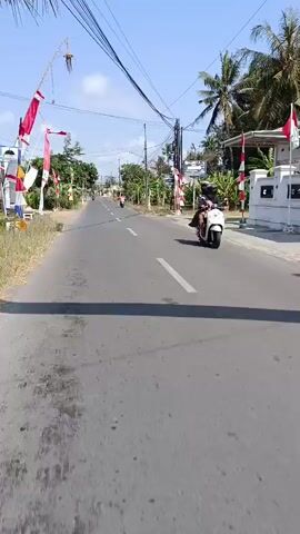 A motorcycle is traveling down a paved road lined with trees and power lines. The road is marked with white lines. Red and white flags are displayed on poles along the side of the road. The sky is clear and blue. The motorcycle is ridden by a person wearing a red shirt and white pants. The motorcycle appears to be moving away from the camera. The flags suggest a celebration or holiday is taking place. There are some buildings visible on the left side of the road.