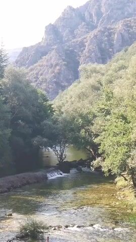 A wide shot captures a river flowing through a valley with rocky, treed mountains in the background. The river is clear and shallow, with some small rapids. Trees line the banks of the river, and sunlight filters through the leaves, creating dappled patterns on the water. The mountains are rugged and steep, with sparse vegetation. The overall impression is one of a peaceful and natural landscape.