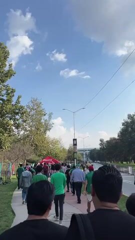 A group of people are walking down a paved path on a sunny day. The path is lined with trees on the left and a road on the right. In the distance, there are banners and a building. Many of the people are wearing green shirts, suggesting they may be attending a sporting event or festival. Some people are looking at their phones, while others are talking to each other. The sky is blue with white clouds.