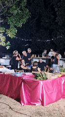 Outdoor night gathering with food, garden, and festive lighting