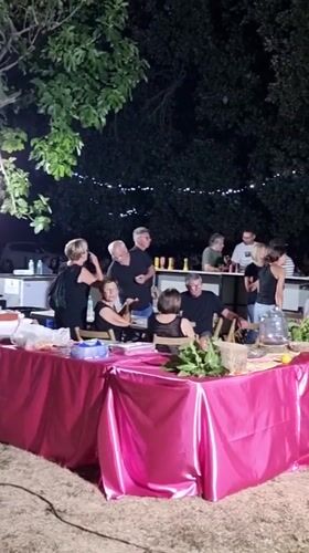 Outdoor night gathering with food, garden, and festive lighting