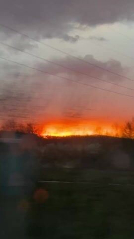The video shows a view from a moving vehicle of a vibrant sunset with orange and yellow hues on the horizon. Above the sunset, the sky is filled with grey clouds and power lines stretch across the top of the frame. The landscape consists of a green field in the foreground and a dark line of trees and shrubs in the midground, silhouetted against the bright sunset. A tall metal utility pole appears against the colorful sky. The view is somewhat obscured by the movement of the vehicle.