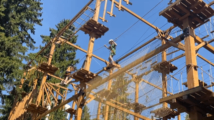 Families enjoy morning recreation at Izhevsk park ropes course