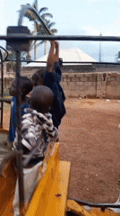 Children play around dismantled rickshaw in rural yard