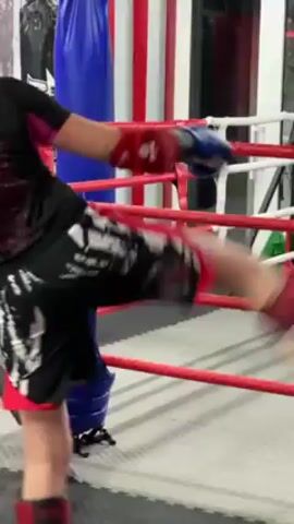 A male boxer is practicing punches on a blue punching bag inside a boxing ring with red and white ropes. The boxer is wearing black shorts with white and red accents, red shin guards, a black short-sleeved shirt with pink accents, red and blue boxing gloves. He alternates punches, moving around the bag. The boxing ring has red and white ropes, with a glimpse of a window behind. Other boxing equipment is scattered in the background.
