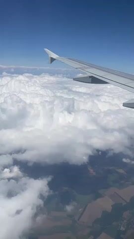 The video shows a view from an airplane window. The right wing of the airplane is visible in the foreground, extending across the right side of the frame. Below the wing, a vast expanse of white, fluffy clouds fills the middle ground of the image. The clouds are dense and appear to form a thick blanket. Peeking through gaps in the clouds, a landscape is visible in the background. This landscape appears to be rural, with patches of green fields and brown earth, suggesting agricultural activity. The sky above the clouds is a clear, deep blue. The scene suggests the airplane is in mid-flight, above the cloud layer. The video is static, with no discernible movement or action other than the subtle shifts in perspective that might occur with slight camera movement. There are no people visible.