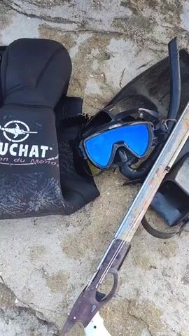 A top-down shot shows a collection of spearfishing equipment laid out on a rocky, sandy surface. The gear includes a black Beuchat wetsuit sleeve, a black fin, a blue-lensed spearfishing mask with a snorkel attached, and a speargun with a stainless steel shaft and a white handle. The wetsuit sleeve has the Beuchat logo visible. The speargun is positioned diagonally across the frame. The scene appears to be outdoors, likely near a body of water.