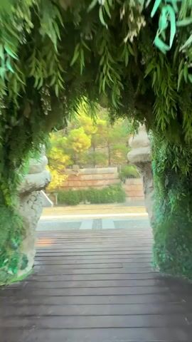 The video begins by looking through a leafy, arched entrance. The archway is adorned with artificial greenery and appears to be constructed with rock-like material. A wooden walkway is visible directly ahead, leading into an outdoor area. Beyond the walkway, there is a paved plaza with patterned tiles and a tiered water feature or rock formation in the background, surrounded by lush green trees. The scene then pans to the right, revealing more of the trees and the landscape, with a clear blue sky overhead. The camera continues to move, showing a dark, curved structure, possibly an entrance to a building, on the left side of the frame. The video concludes by focusing on a large, sculpted head made of stone, emerging from the archway. The sculpture appears to be part of a larger structure and is set against the blue sky.