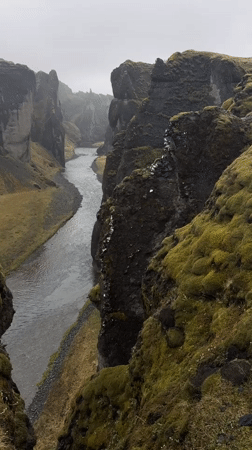 Visitors document Iceland's Fjaðrárgljúfur canyon under misty conditions