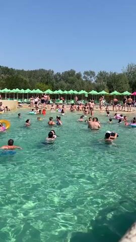 The video shows a crowded outdoor swimming pool on a sunny day. The water is a clear turquoise color. Many people, including adults and children, are in the water, swimming, splashing, and interacting with each other. Some are using inflatable rings. Along the edge of the pool, there are rows of lounge chairs and colorful umbrellas, providing shade for sunbathers. The background consists of green trees and a clear blue sky. The overall scene depicts a lively and popular recreational area.