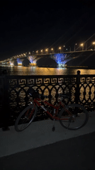 Red bike parked by Volga River near illuminated Saratov Bridge