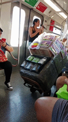 Woman stands by door on Santiago area subway train