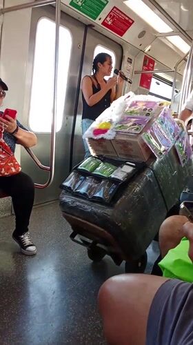 Woman stands by door on Santiago area subway train