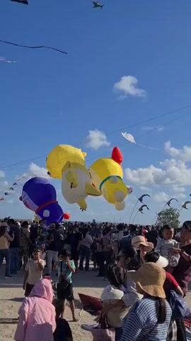 The video shows an outdoor event with many people gathered. The sky is blue with scattered clouds. Numerous large, colorful kites are flying in the sky. These kites are in the shapes of various characters and animals, including a yellow chicken, a purple object, a grey dog, a large face with black hair and white skin, and a rainbow-colored kite with a long tail. Some kites have messages written on them, such as "WE INDONESIA." People of various ages are standing on a sandy or dirt ground, looking up at the kites and interacting with each other. Some individuals are holding onto kite strings. The overall atmosphere appears festive and celebratory.