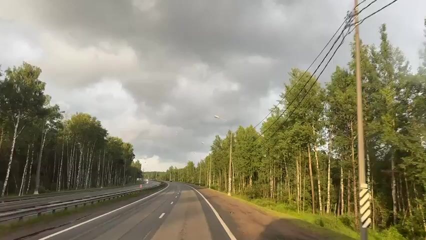 A first-person perspective video shows a highway drive through a forest. The road has multiple lanes and is bordered by trees on both sides. The sky is overcast with dramatic clouds. Streetlights are visible along the road. A guardrail is present on the left side of the highway. The trees appear to be a mix of birch and evergreen. The road is wet, suggesting recent rain or impending precipitation.