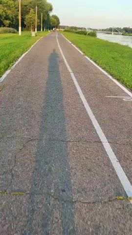 A first-person perspective video shows a shadow of a person walking along a paved path. The path is bordered by green grass on the left and a body of water on the right. Trees and utility poles line the left side of the path. In the distance, several other figures can be seen on the path. The sun is low in the sky, casting long shadows.
