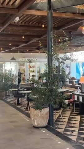 The video pans across the interior of a restaurant or bar with an outdoor seating area. The decor features a black and white checkered floor, a tiled bar with black, white, and orange stripes, and a wooden ceiling with exposed beams and lighting fixtures. A tall plant in a patterned pot is visible in the foreground. In the background, a Balenciaga store is visible through a large window. Several tables and chairs are set up, some occupied by people. Behind the bar, shelves are stocked with bottles of alcohol and glassware. A beverage dispenser and other bar equipment are also present. The overall ambiance appears to be that of a stylish, contemporary establishment.