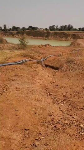 The video shows a wide, flat landscape composed of reddish-brown soil and gravel, leading up to a body of water in the background. The water appears to be a pale green color. Several blue hoses are laying across the ground. The hoses pass over a small natural ditch filled with water. The environment is dry and sparsely vegetated. Some trees are visible on the horizon. The sky is overcast and light grey. No people are visible in the video.