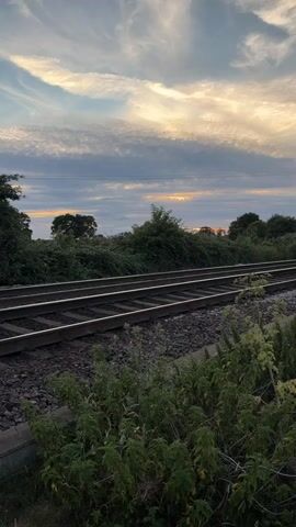 The video captures a train passing by on a set of railroad tracks. The train is yellow and blue and has the text "GB Railfreight" visible on its side. It is moving from right to left across the frame. The environment appears to be rural, with lush green vegetation lining the tracks. In the background, there are trees and a cloudy sky at dusk, with a hint of sunset visible on the horizon. The camera remains stationary throughout the video, focusing on the train as it moves past.
