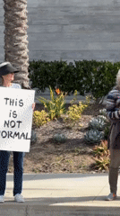 Small protest group gathers with signs in Manhattan Beach