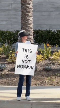 Small protest group gathers with signs in Manhattan Beach