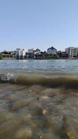 The video captures a low-angle view of a body of water, possibly a lake or a calm sea, with a shoreline in the background. The water is clear, revealing a rocky bottom close to the camera. Gentle waves are rolling in, with the crest of one wave prominently in the foreground, showing a foamy texture and breaking water. In the background, across the water, a line of buildings is visible. These appear to be houses or apartments with modern architecture, featuring white and beige facades, multiple stories, and balconies. The sky above is a clear, light blue. The overall scene suggests a tranquil day at the waterfront, possibly in a residential area. There are no people or animals visible in the footage. The camera is stationary, focused on the water and the breaking waves.