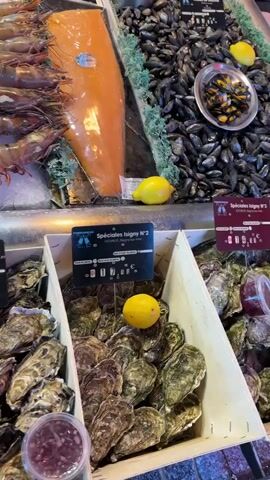 This is a close-up video of a seafood market display. The top portion of the display features an assortment of fresh seafood on ice. Large pink shrimp are arranged in rows, with a large fillet of salmon positioned behind them. To the right, a pile of dark mussels is visible. Below the seafood, wooden crates are filled with oysters. One crate is closer to the camera, filled with oysters, and a small container of what appears to be a red sauce or condiment sits in front of it. Another crate to the right is also filled with oysters, and a lemon is placed on top. To the far right, more mussels in a silver dish are visible. The lighting is bright, suggesting an indoor market setting. The video pans slightly, providing a view of different sections of the seafood display.
