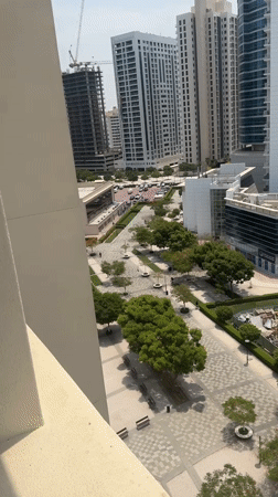 Dubai skyline pans reveal towers and a tree-lined walkway below