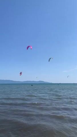 This is a vertical, eye-level, medium shot of a wide, choppy ocean under a clear blue sky. Several colorful kites are visible in the sky, being used for kitesurfing. The kites are of various colors, including pink, white, and red. Some of the kites are high in the sky, while others are closer to the water. There are several people on the water, presumably kitesurfing. The water is a dark blue-green color, and the waves are moderate in size. In the distance, a hazy landmass is visible, likely a coastline. The overall impression is one of a bright, sunny day at the beach, with people enjoying recreational water sports.