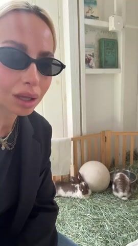 A woman in black sunglasses and a dark blazer stands in front of a fenced area containing three rabbits. The area is covered in hay, with a large white ball and a small wooden house. The woman says, "We're at a bunny cafe."  The space appears to be a porch or sunroom with white walls. There is a shelf with books, a wreath hanging on the wall, and a woven bag sitting on a bench in the background.