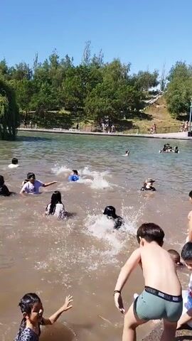 The video captures a lively scene of approximately a dozen children swimming and playing in a murky, muddy-looking lake on a bright, sunny day. The water is shallow enough for most of the kids to stand, and they are splashing and moving around. On the edge of the water, a couple of kids stand watching, one of them shirtless and wearing green underwear. In the background, beyond the lake's edge, are trees and a walking path, with more people visible further away. The environment looks like a public park or recreational area.