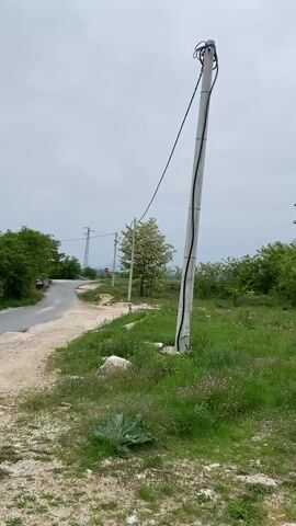 The camera pans from a concrete utility pole with a single wire running from its top towards the left, to two more utility poles with multiple wires, set in a grassy field. In the background, there is a road turning slightly left, with trees and foliage on either side. The sky is overcast and gray. There are no people visible in the video.