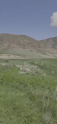 A wide-angle shot shows a natural landscape with mountains in the background and a grassy field in the foreground. The sky is blue with a single white cloud. There is a slight incline in the field, suggesting a gentle slope leading towards the mountains. The grass appears lush and green, with some patches of dry, taller grass scattered throughout. A small stream or ditch runs through the middle of the field, with visible water. The overall impression is one of a peaceful, natural environment, possibly rural or undeveloped.