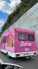 Barbie-themed pink camper van spotted driving in Budva