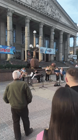 Young brass band performs at Ternopil theater, draws crowd