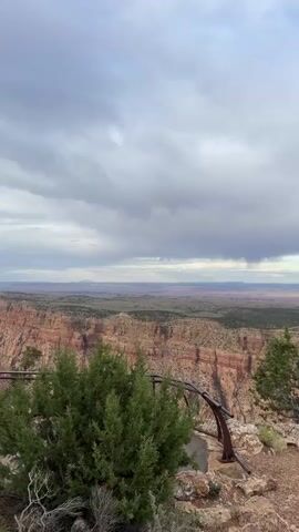 A video displays a panoramic view of a vast canyon under a cloudy sky. In the foreground, a dense green bush and rocky terrain are visible. A rustic metal railing, partially obscured by the bush, curves along the edge of the viewpoint. The canyon itself reveals layers of reddish-brown rock formations, dropping dramatically into a shadowed depth. Beyond the canyon, a flat, expansive landscape stretches to the horizon, dotted with low-lying vegetation and distant hills. A solitary, conical hill stands out on the right side of the distant landscape. The overall lighting suggests an overcast day, possibly late afternoon or early morning, with diffused light softening the scene.