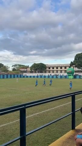 The video shows a soccer game from the perspective of a spectator in the stands. The camera first pans across the field, showing players in blue and white jerseys, and then pans up to show a section of the stadium stands filled with people. The spectators are watching the game, and some are cheering. The sky is cloudy, and there are trees and buildings in the background.