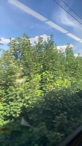 The video shows a view from a moving train on a sunny day. The sky is blue with scattered white clouds. Lush green trees and foliage line the tracks, with a hillside visible in the background. A series of utility poles can be seen along the hillside. The light inside the train carriage is visible as a bright, striped pattern reflecting on the window. The perspective shifts slightly, indicating the train's movement.