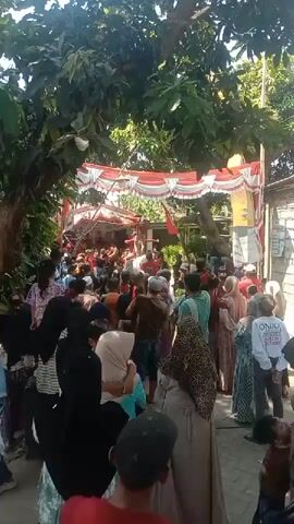 A crowd of people, many wearing headscarves, are gathered outdoors under a canopy decorated with red and white fabric. The scene appears to be an event or celebration. Sunlight filters through the trees above, casting shadows. The individuals are facing towards the center of the gathering where a group of people are visible. The atmosphere seems lively, with many people standing and observing.