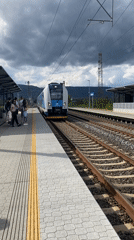 Train arrival at Lahošť station in Czech Republic