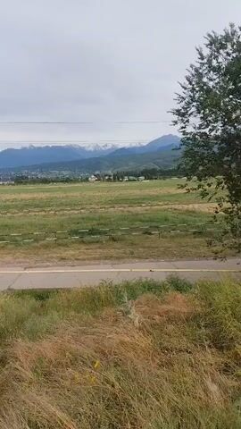 A wide shot shows a landscape with a road and fields in the foreground, a town and mountains in the background, and a tree on the right. The sky is cloudy. There are no people visible.