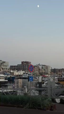 This video captures a serene harbor scene at dusk, likely in The Hague, Netherlands. The sky is a pale, muted blue, transitioning into twilight with the soft glow of a crescent moon visible high above. The water of the harbor reflects the lights of the surrounding buildings and boats, creating a shimmering effect.

The scene is dominated by a row of modern, multi-story buildings lining the waterfront. Their architecture features a mix of brickwork and large windows, suggesting residential or commercial use. Moored in the harbor are numerous boats of various sizes, from smaller pleasure craft to larger fishing vessels. Some of these boats display national flags.

In the foreground, a signpost stands prominently. It displays two traffic signs: a red circular sign with a diagonal red bar over a blue circle, indicating "no stopping," and below it, a blue square sign with a white wheelchair symbol, indicating a disabled parking or access area. To the left of the sign, a blue arrow points to the left.

The primary activity captured is the passage of two individuals on a scooter, their figures blurred due to motion, heading towards the right of the frame. They are wearing helmets, suggesting safety precautions. The overall mood is calm and tranquil, with the gentle lapping of water and the soft evening light creating a peaceful atmosphere. The presence of the harbor and the types of boats suggest a coastal or maritime location. The overall impression is one of a quiet evening in a bustling yet serene port town.
