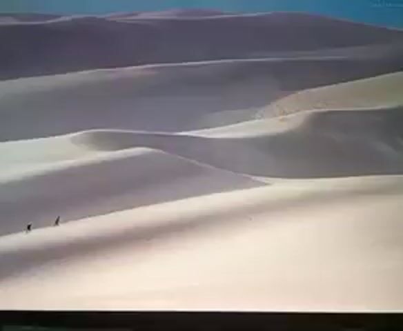 Two people walk across sand dunes. The dunes are large and smooth, with soft shadows. The sky is a pale blue.