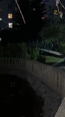This media file depicts a nighttime scene in Kemerovo, Russia. The foreground features a stone bridge arching over dark water. The bridge has a decorative stone railing. Beyond the bridge, a green metal footbridge is visible, with trees and bushes surrounding it. In the background, a multi-story building with illuminated windows can be seen, suggesting an urban or suburban setting.

To the left of the frame, a stone structure with a large, dark, rotating wheel is present, resembling a water wheel. This element adds a rustic or historical touch to the scene. The overall atmosphere is quiet and somewhat mysterious due to the low lighting and nighttime setting. The water is dark and reflective, and the lights from the building and the footbridge cast faint glows.

There is no visible text in the media file. The time of day is clearly night, and the weather appears calm, with no indication of rain or wind. The presence of the building and the bridges suggests a park or a residential area with landscaping features. The scene evokes a sense of stillness and perhaps a touch of melancholy.
