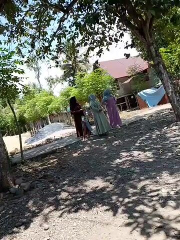 The video begins with a slow pan to the right, revealing a rural outdoor scene. Three individuals, two women and a child, stand in the foreground. The woman on the left wears a dark hijab and dress. The woman in the middle wears a light green hijab and dress, and the woman on the right wears a purple hijab and dress. A young child, wearing a red and white striped shirt and dark pants, stands in front of the two women. Behind them, a house with a reddish-brown roof and light-colored walls is visible. The ground is covered with gravel and dirt. Lush green trees and foliage surround the area, with sunlight filtering through the leaves, casting shadows. The camera continues to pan right, revealing a makeshift shelter with a corrugated metal roof supported by wooden posts. A person, mostly obscured, is seated inside the shelter. The scene appears to be a warm, sunny day in a village setting.